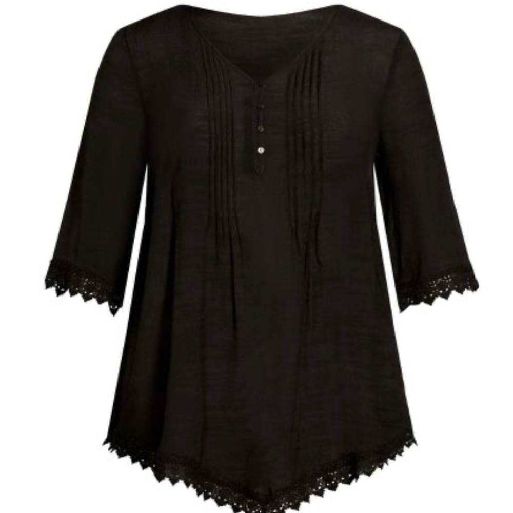 Women's Plus Size Ellie Pintuck Lace Top - black | AVENUE​​​​​​​​​​​​​​ - Picture 3 of 8